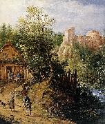 Pieter van Gunst Mountain Valley with Inn and Castle France oil painting artist